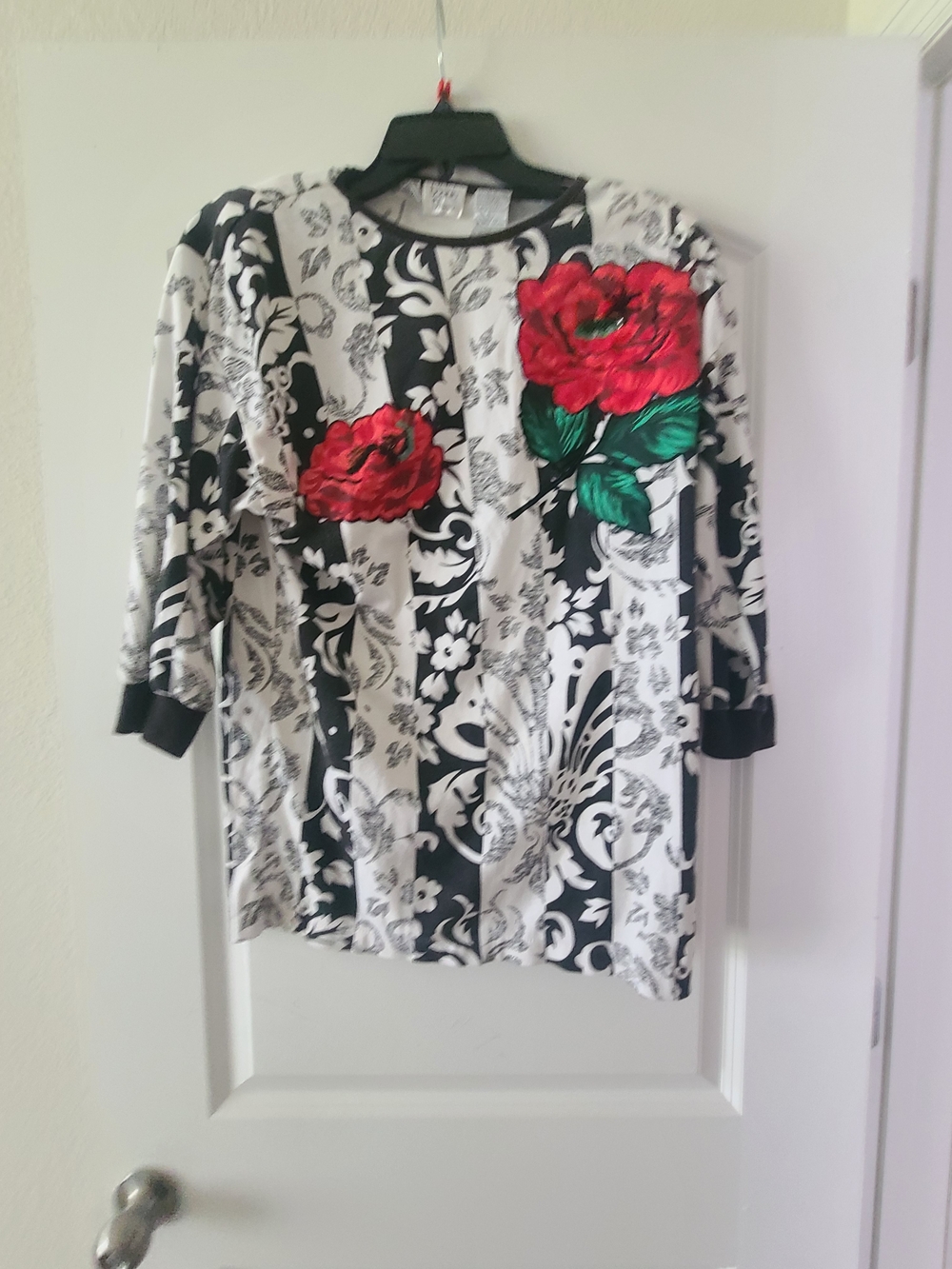 Black & White Floral Stripe Top with Red Rose Appliqués
